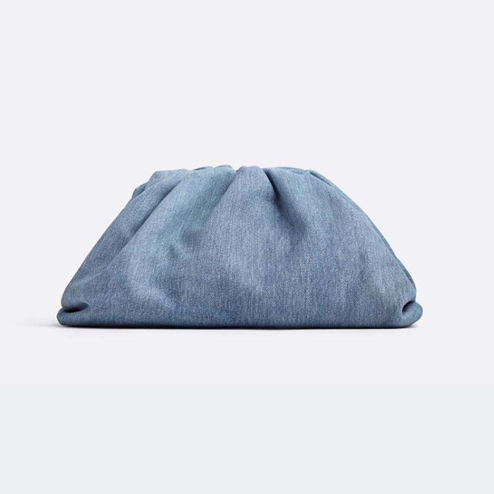 Front view of Bottega Veneta Women Teen Pouch Intrecciato Denim Effect Leather Clutch in navy