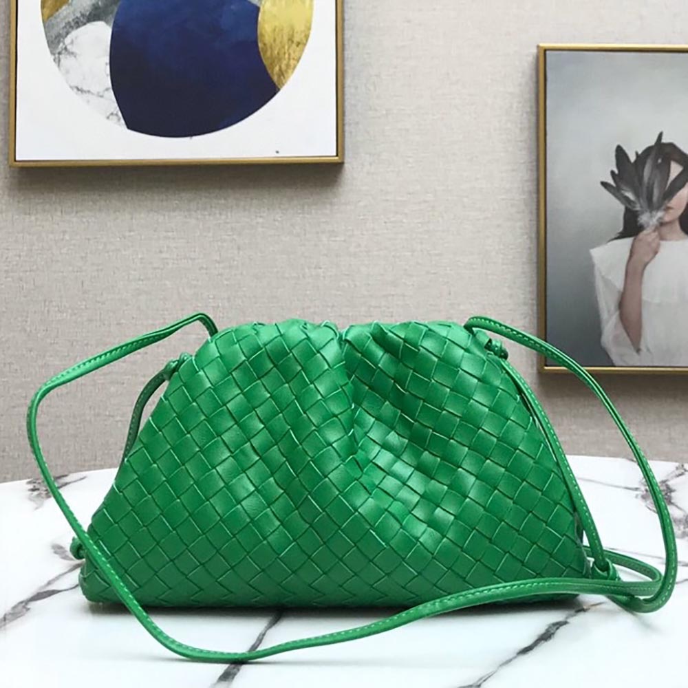Close-up of intrecciato leather weave on Bottega Veneta Teen Pouch clutch