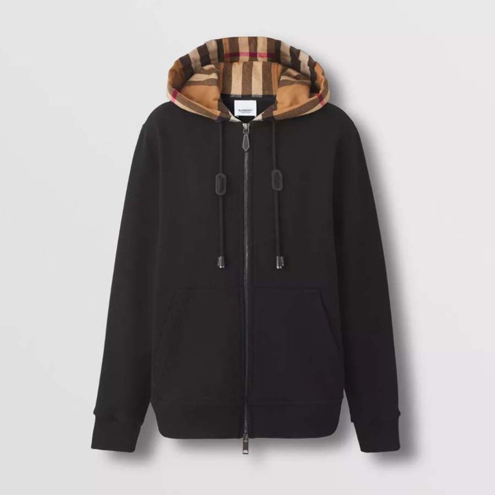 Front view of Burberry Women Check Hood Cotton Hooded Top-Black
