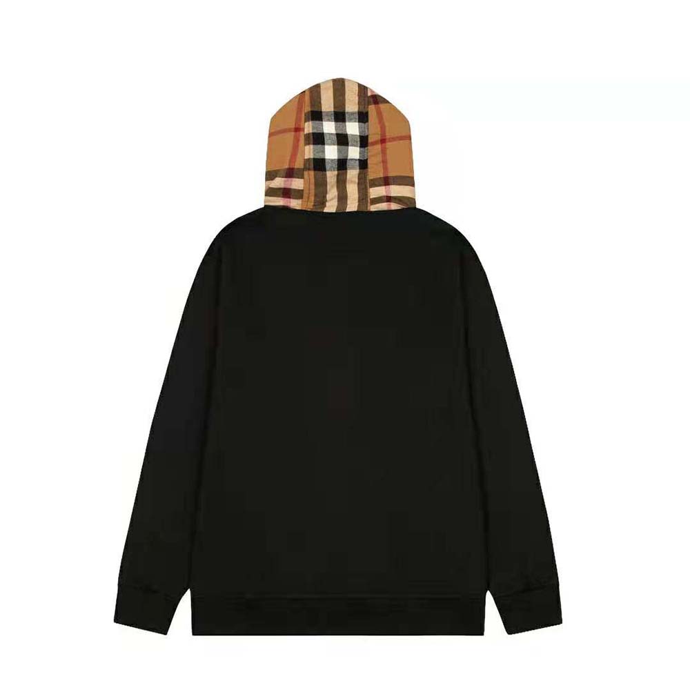 Side angle showing silhouette of Burberry Women Check Hood Cotton Hooded Top-Black