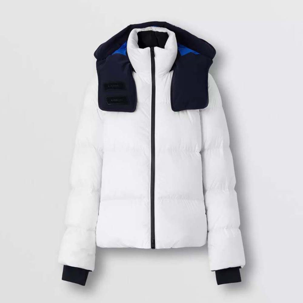 Front view of Burberry Women Detachable Hood Nylon Puffer Jacket-White with hood attached