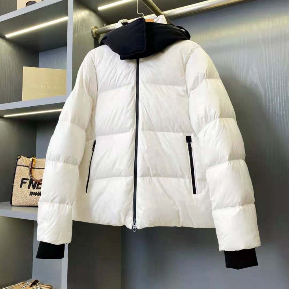 Back angle showing silhouette and hood detail of Burberry Women Detachable Hood Nylon Puffer Jacket-White