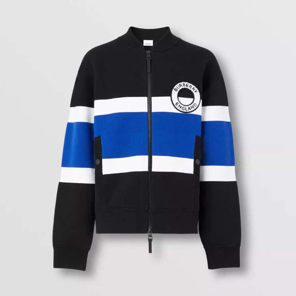 Front view of Burberry Women Logo Graphic Striped Wool Blend Bomber Jacket