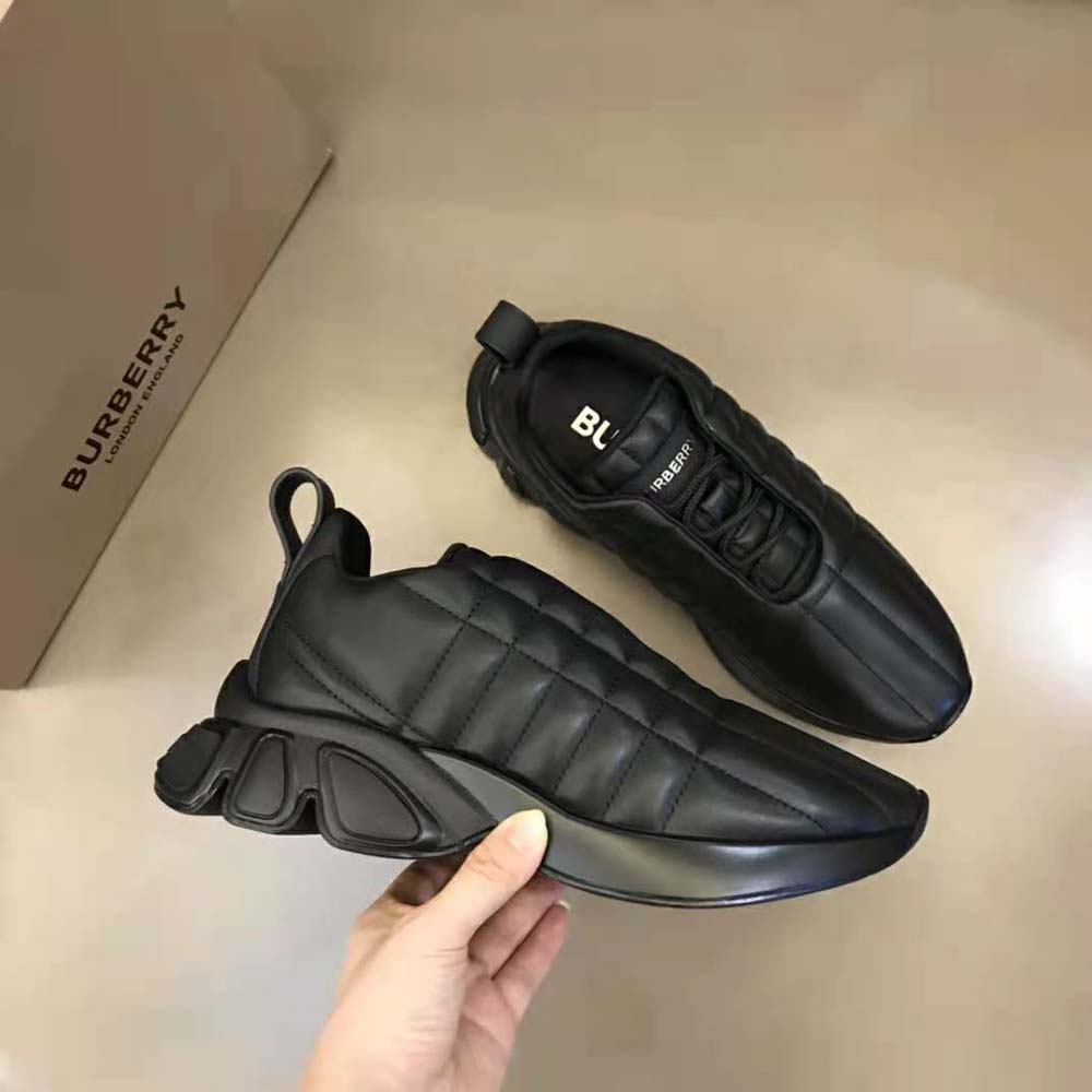 Top-down angle of Burberry Unisex Quilted Leather Classic Sneakers-Black lace-up