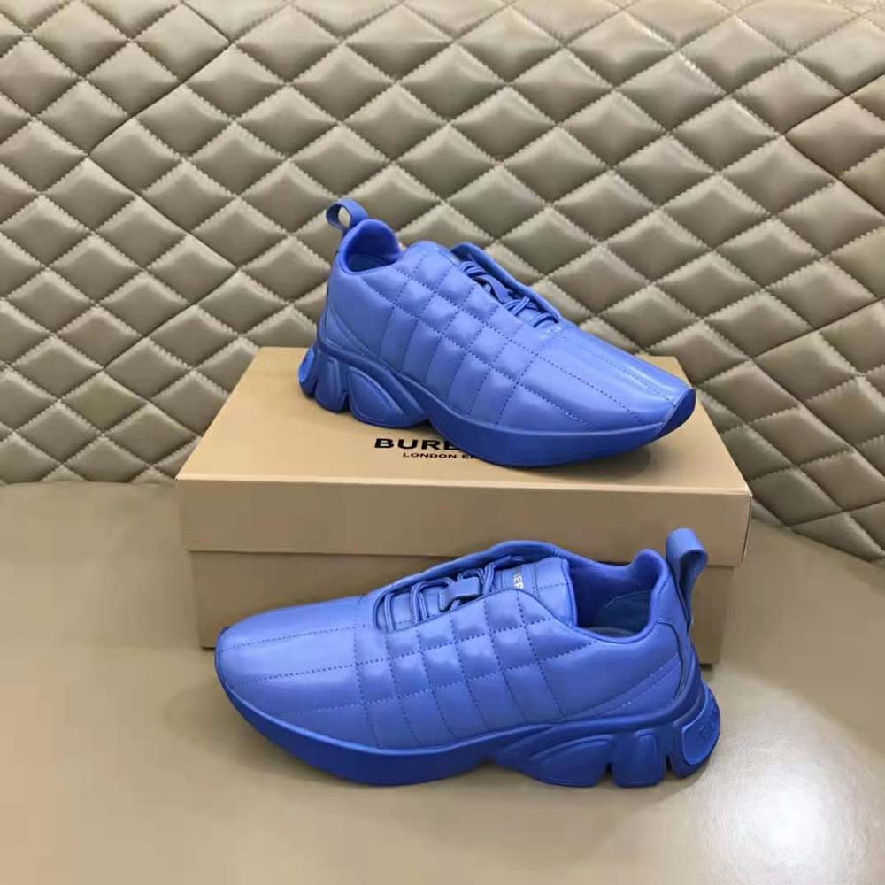 Overhead view of Burberry Unisex Quilted Leather Classic Sneakers-Blue laces and silhouette