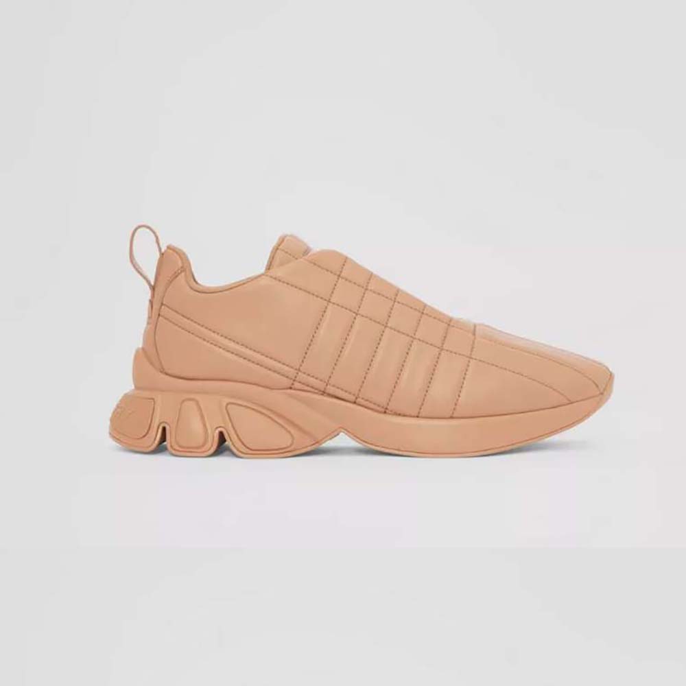 Side view of Burberry Unisex Quilted Leather Classic Sneakers-Sandy