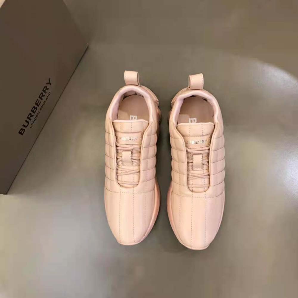 Close-up on quilted leather and Burberry logo detail sneakers