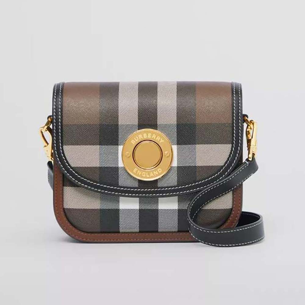 Front view of Burberry Women Check and Leather Small Elizabeth Bag in brown