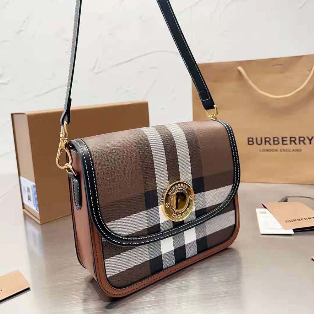 Side profile showing leather trim detail of Burberry Women Small Elizabeth Bag