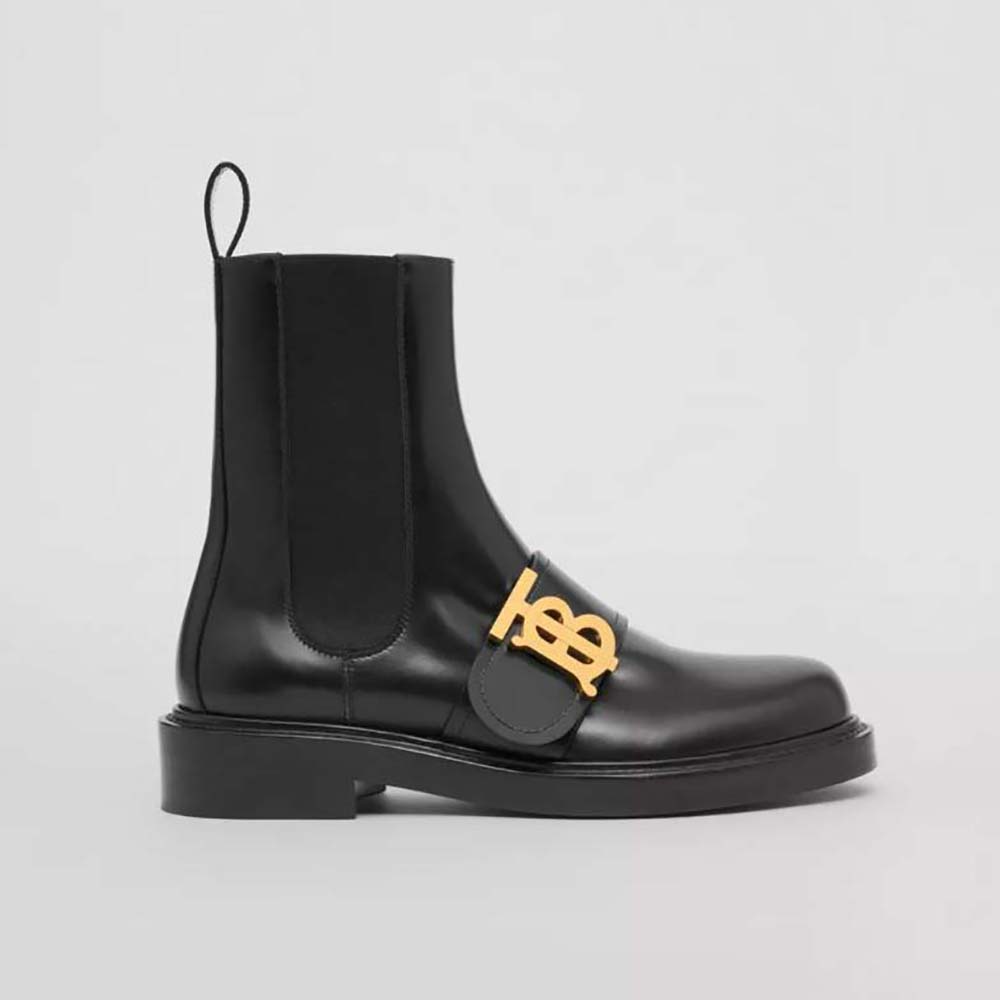 Side view of Burberry Women Monogram Motif Leather Chelsea Boots-Black on white