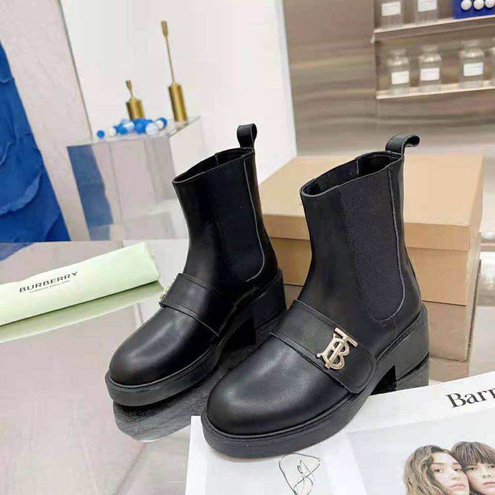 Top view showing smooth black leather and classic silhouette of Burberry Chelsea boots