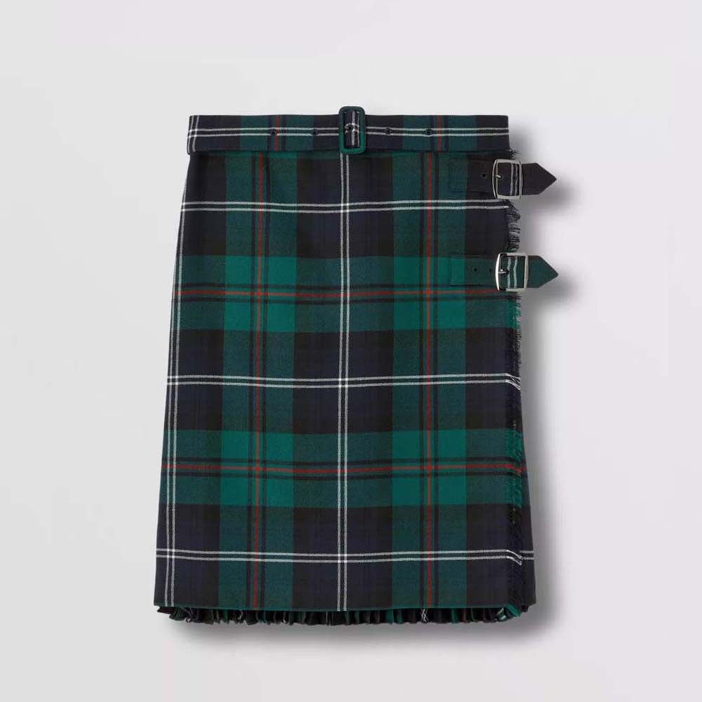 Front view of Burberry Women Pleated Panel Check Wool Belted Kilt in green