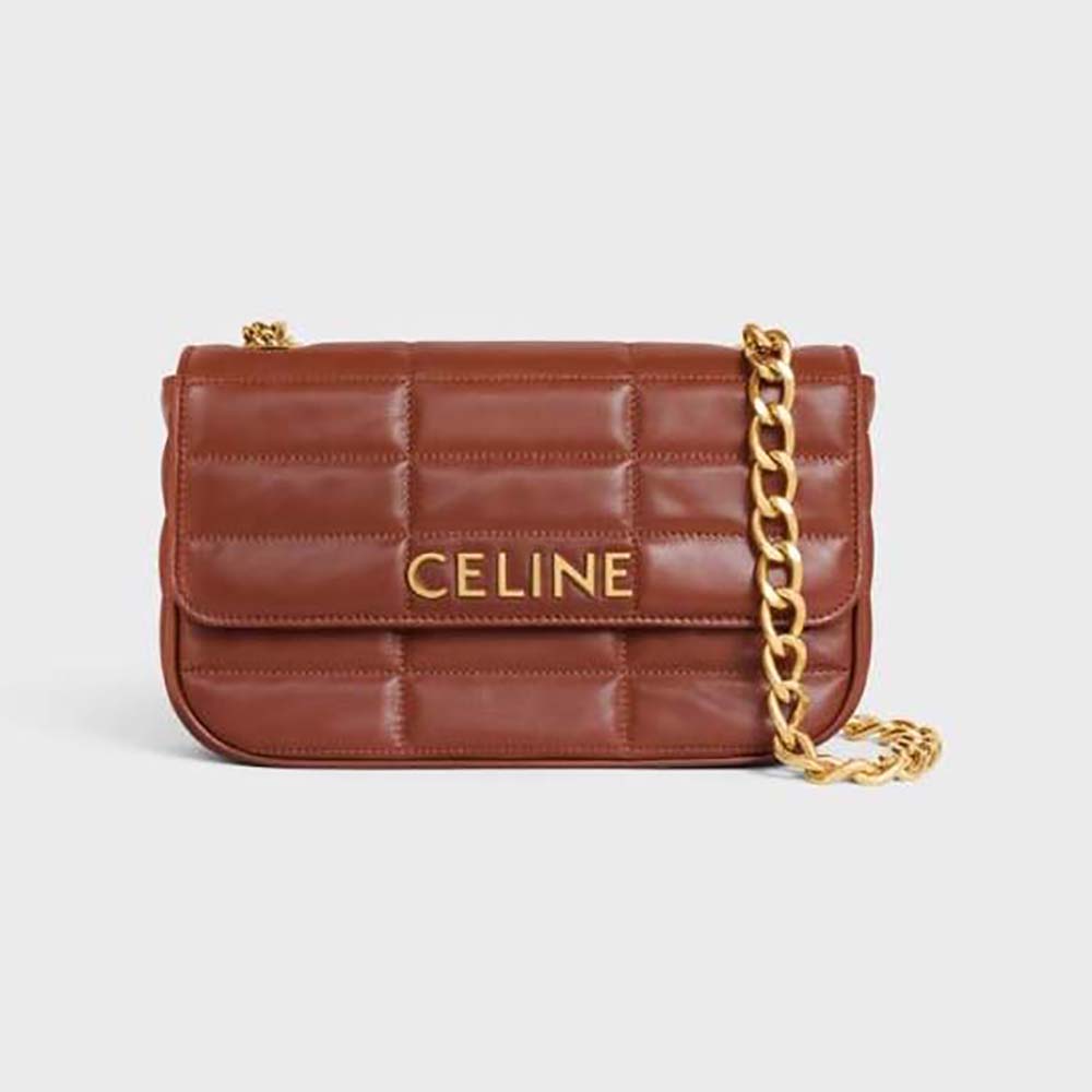 Front view of Celine Women Chain Shoulder Bag Matelasse Monochrome Celine in brown goatskin