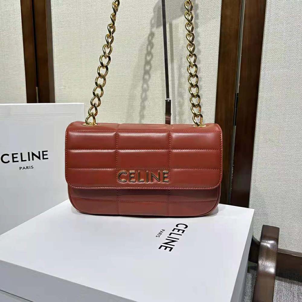 Close-up detail of quilted goatskin and gold chain on Celine Women Chain Shoulder Bag