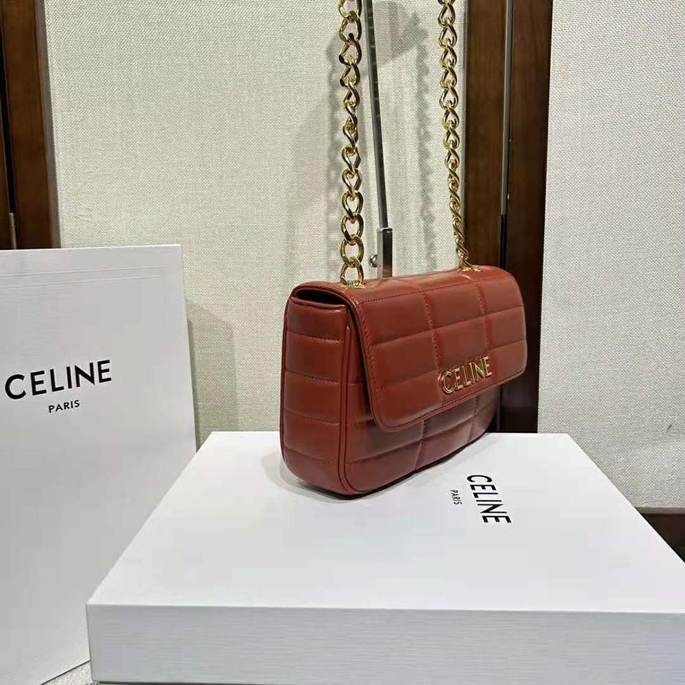 Celine Women Chain Shoulder Bag Matelasse Monochrome Celine in Quilted Goatskin-Brown - image 5