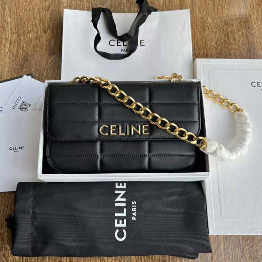Close-up of gold chain and quilted goatskin detail on Celine Women Chain Shoulder Bag