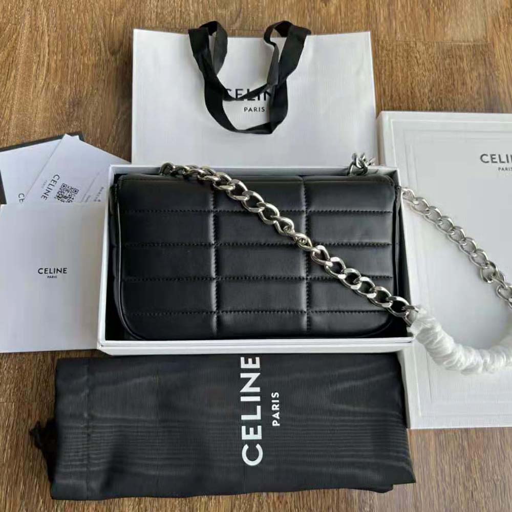 Side angle showing slim profile of Celine Women Chain Shoulder Bag Matelasse Monochrome Celine