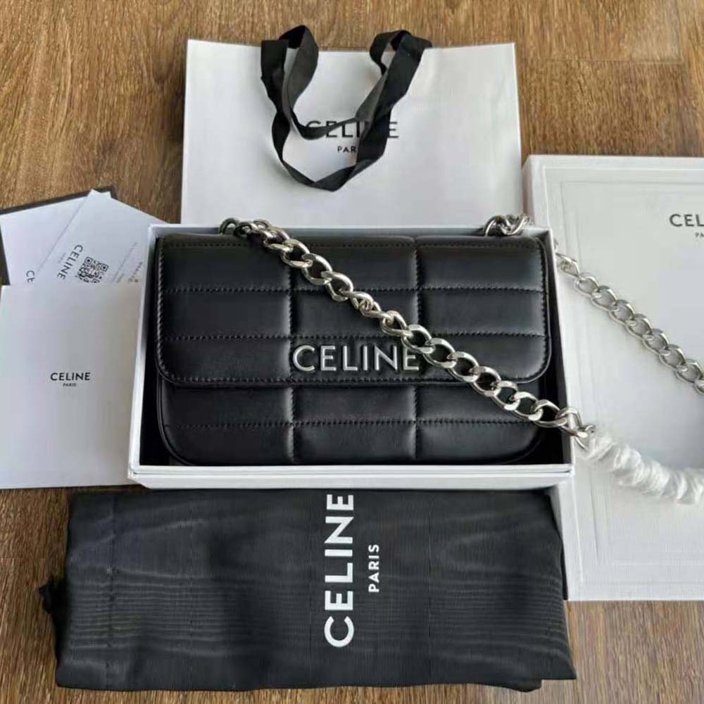 Close-up of quilted goatskin texture and silver chain hardware on Celine bag