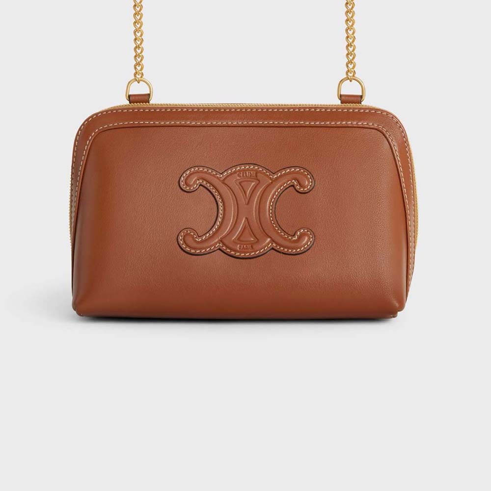 Front view of Celine Women Clutch on Chain Cuir Triomphe in brown leather
