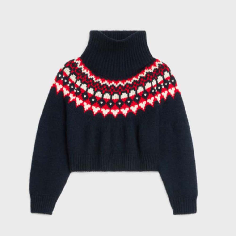 Front view of Celine Women High-Neck Sweater in Fair Isle Cashmere black