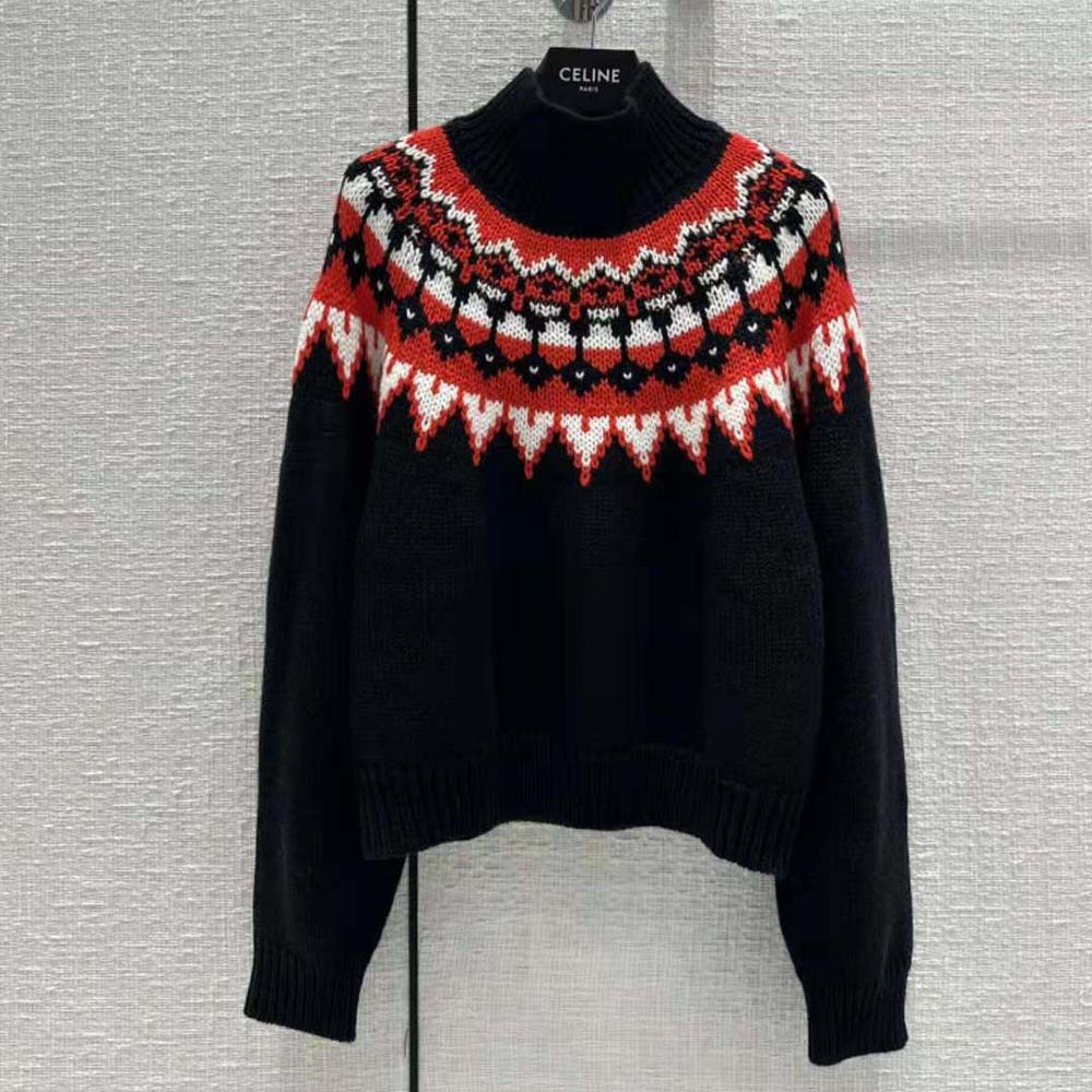 Close-up of high-neck and Fair Isle knit detail on Celine sweater