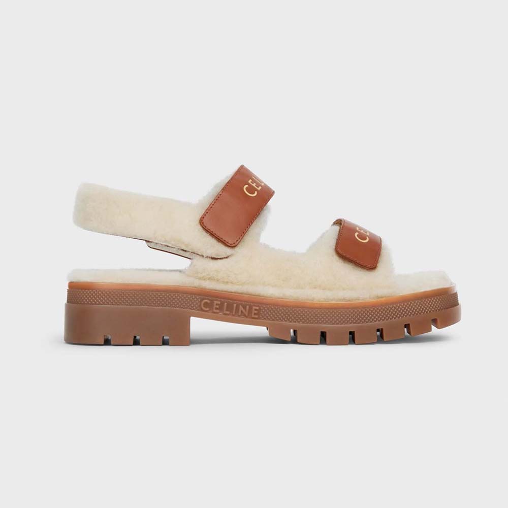 Front angle view of Celine Women Leo Scratch Sandal in brown shearling