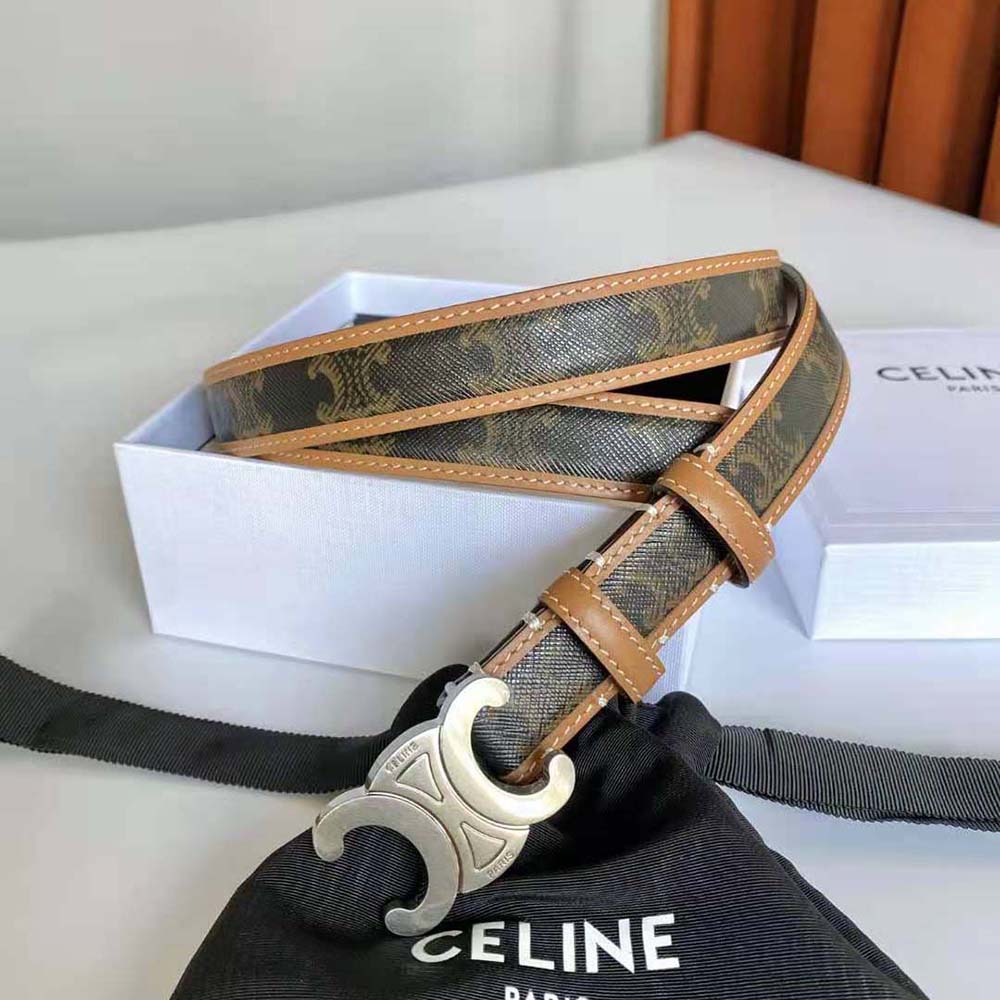 Side angle showing texture of canvas and calfskin on Celine Women Medium with Bborder Triomphe Belt