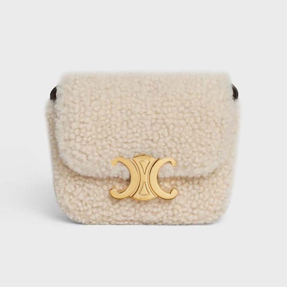 Front view of Celine Women Mini Triomphe in Shearling and Calfskin white bag
