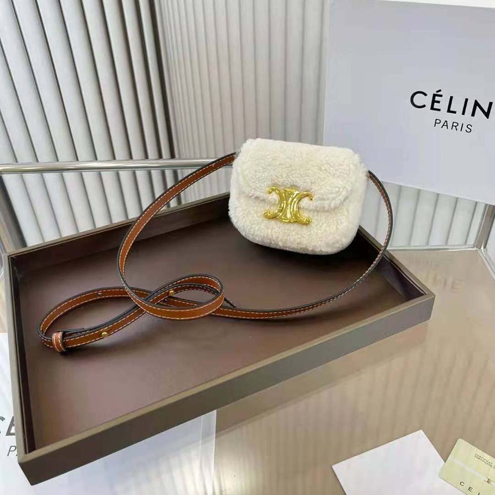 Close-up on gold Triomphe hardware on Celine Women Mini Triomphe bag