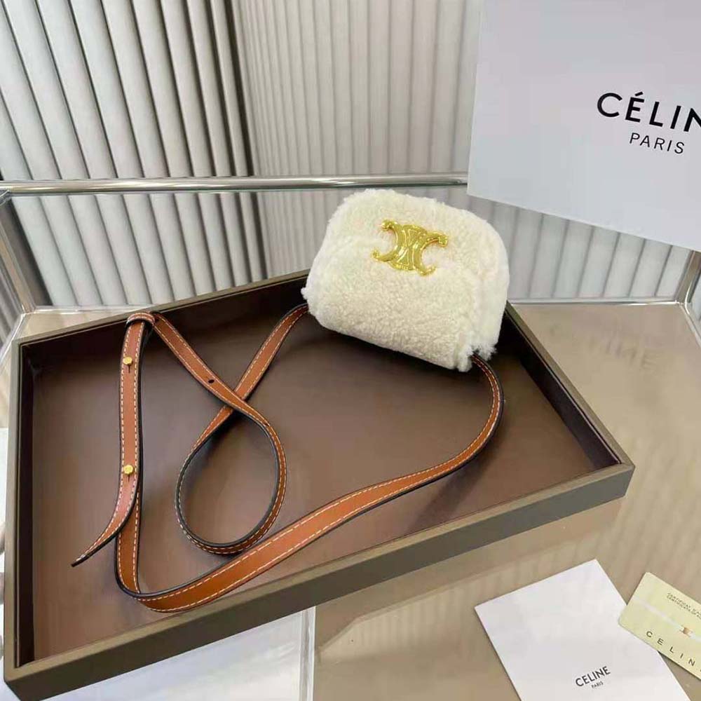 Side angle showing shearling texture on Celine Women Mini Triomphe shoulder bag