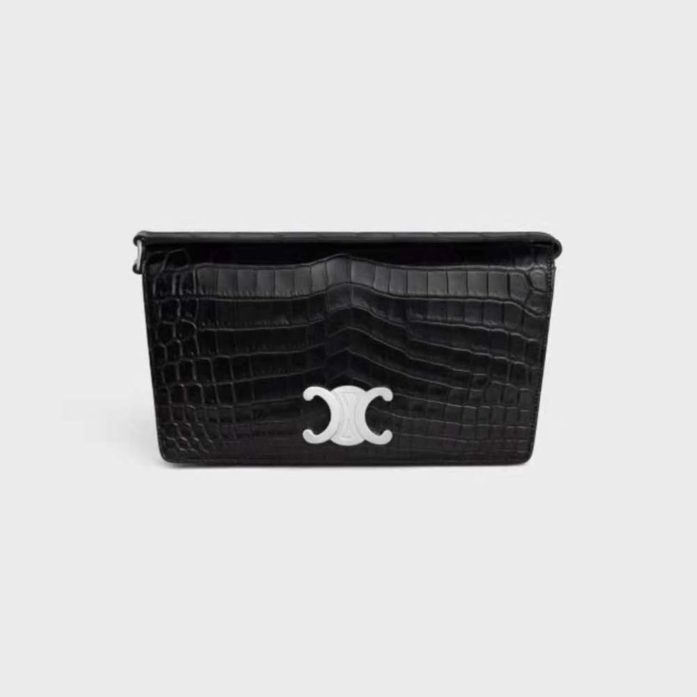 Front view of Celine Women Trapeze Triomphe Bag in Shiny Calfskin-Black with clasp
