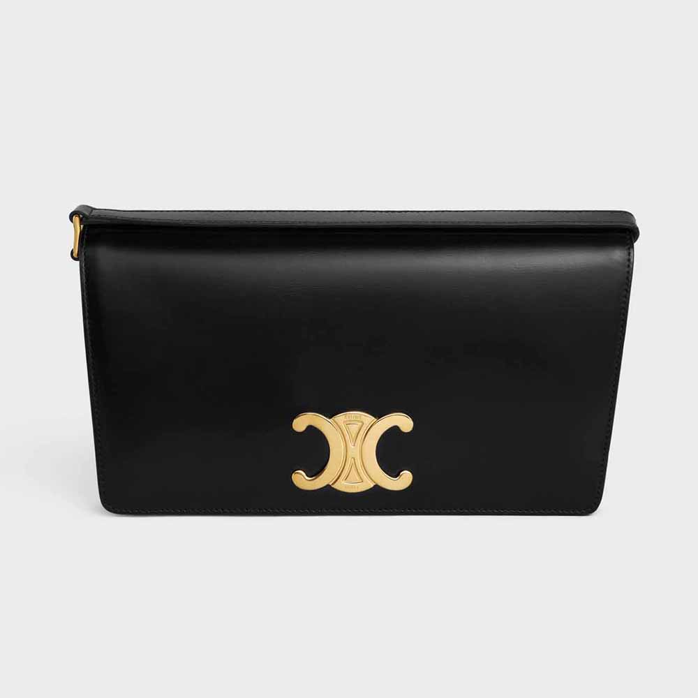 Front view of Celine Women Trapeze Triomphe Bag in shiny black calfskin