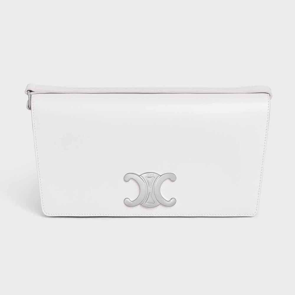 Front view of Celine Women Trapeze Triomphe Bag in shiny white calfskin