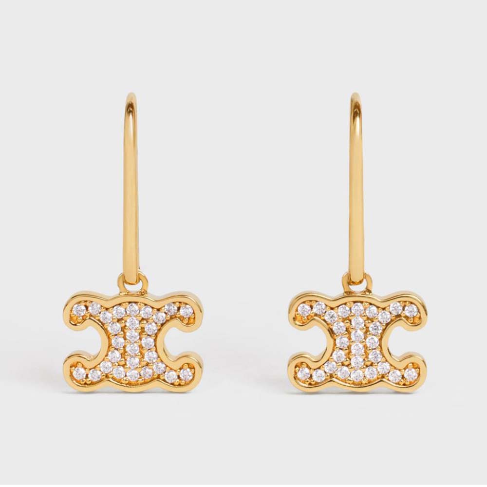 Front view of Celine Women Triomphe Rhinestone Earrings with gold finish