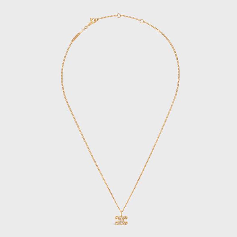 Front view of Celine Women Triomphe Rhinestone Necklace gold finish