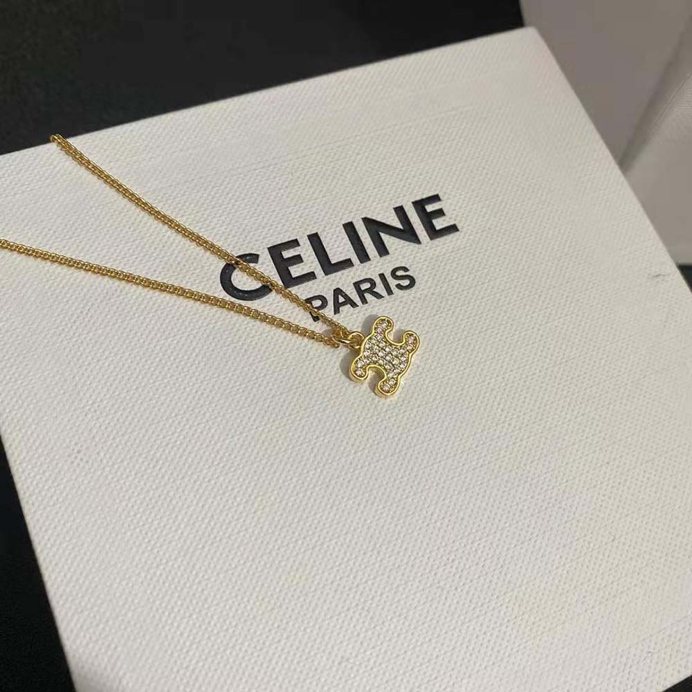 Celine Women Triomphe Rhinestone Necklace in Brass with Gold Finish and Crystals - image 5