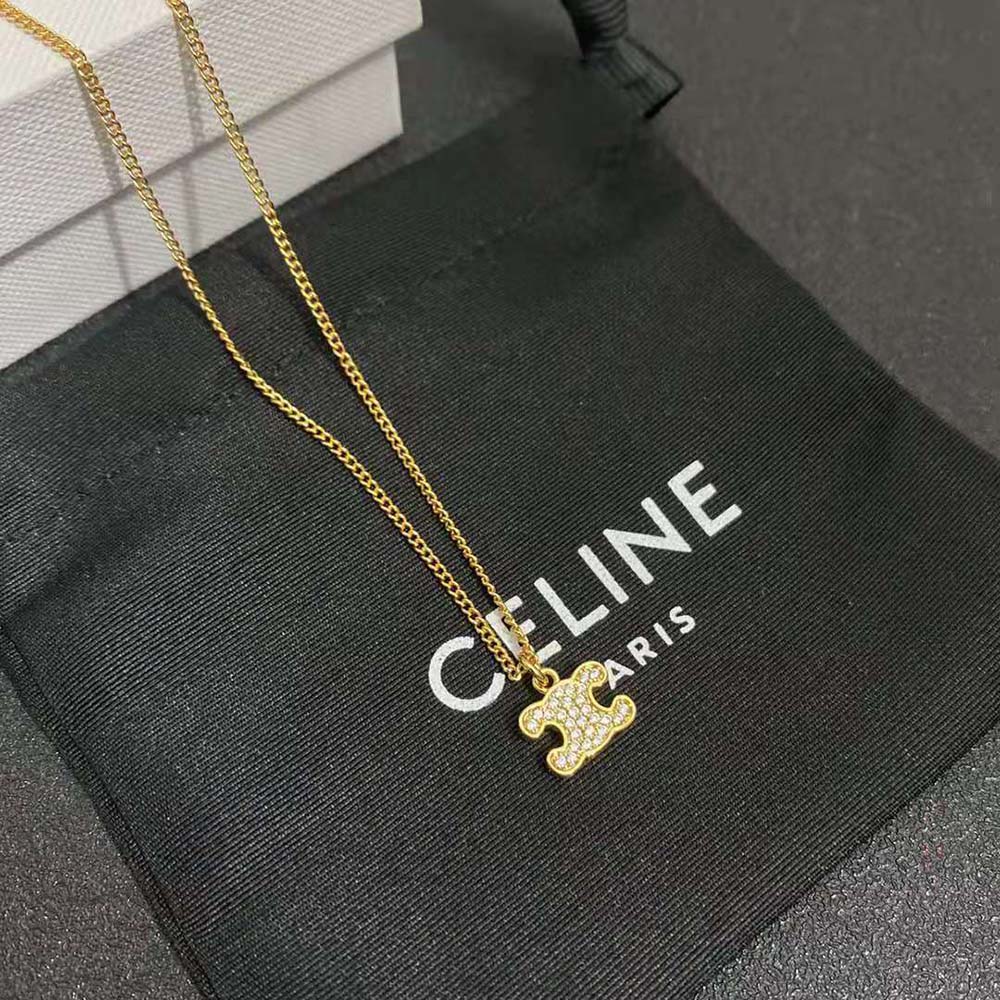 Celine Women Triomphe Rhinestone Necklace in Brass with Gold Finish and Crystals - image 4