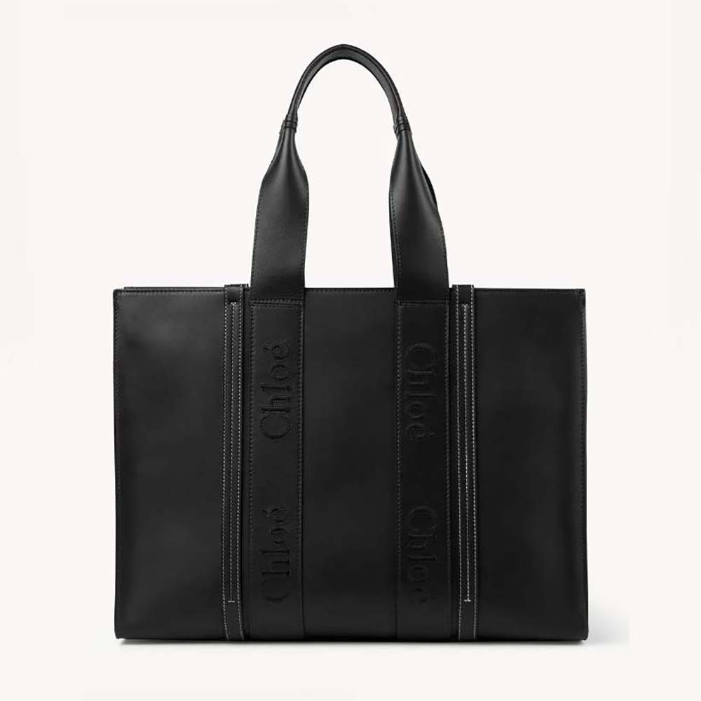 Front view of Chloe Women Large Woody Tote Bag-Black with woody handles