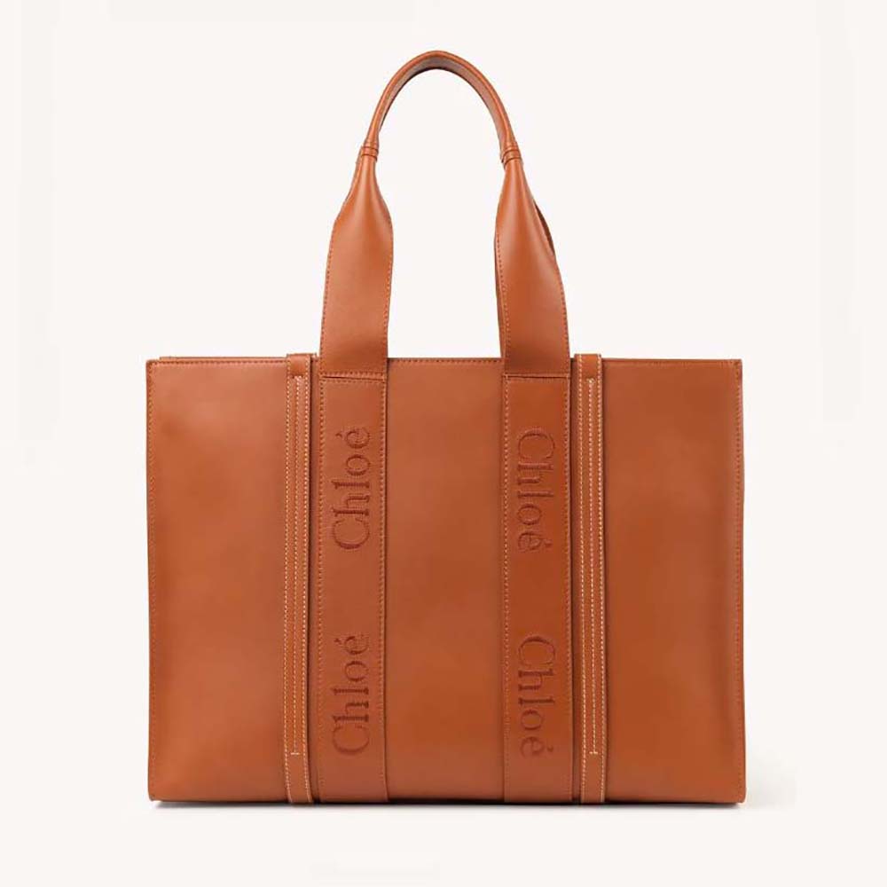 Front view of Chloe Women Large Woody Tote Bag-Brown showing woven detail