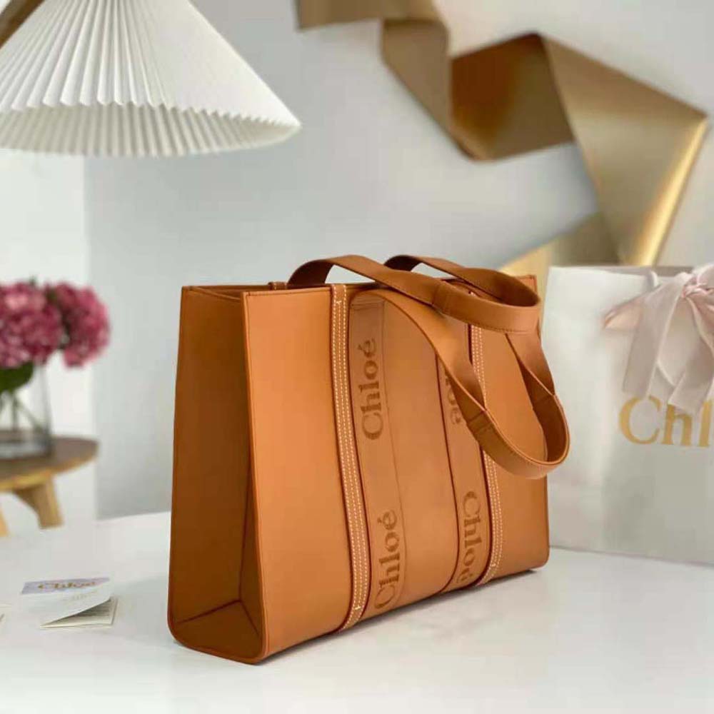 Side angle of spacious interior in Chloe Women Large Woody Tote Bag-Brown