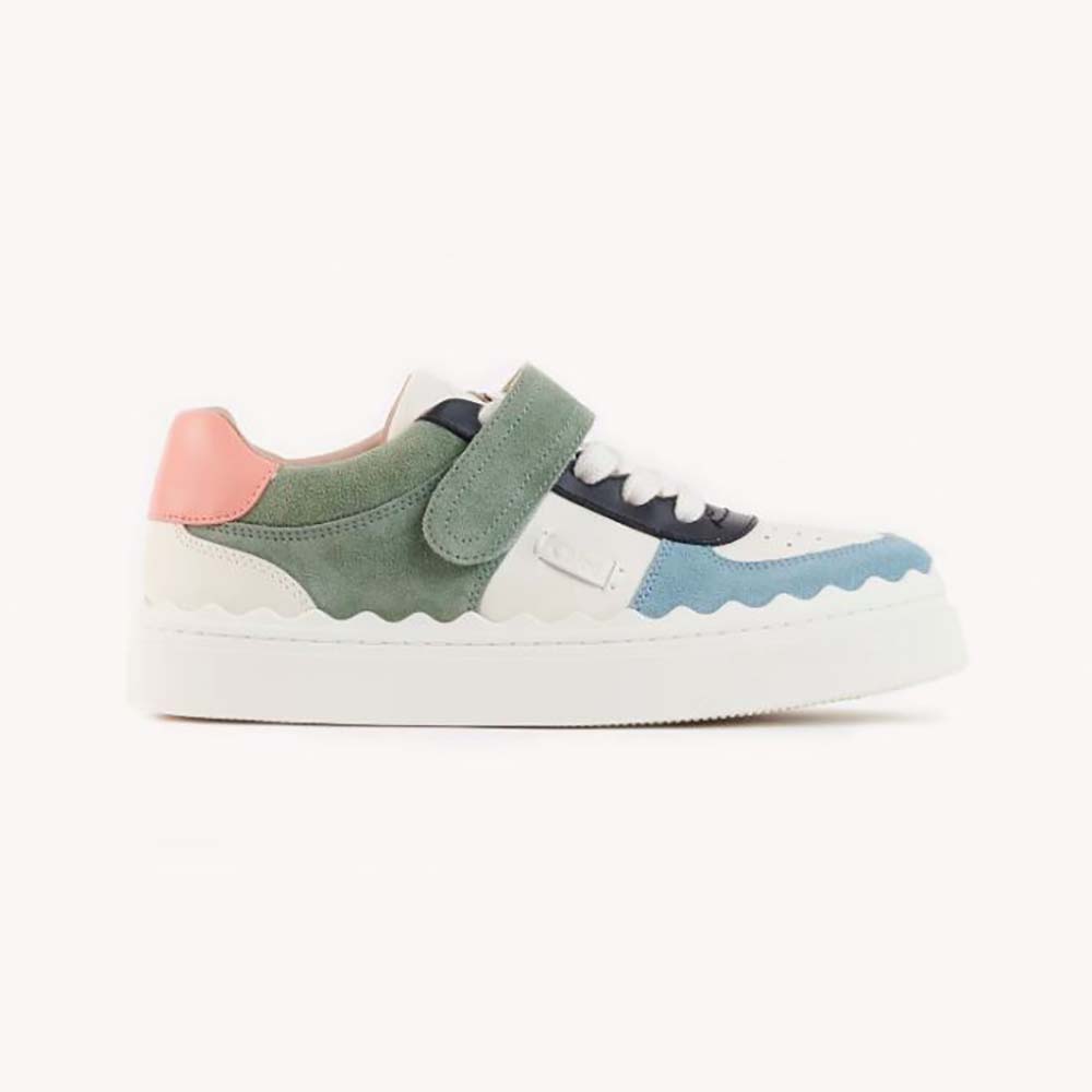 Side view of Chloe Women Lauren Sneaker with Strap-Blue showing strap detail