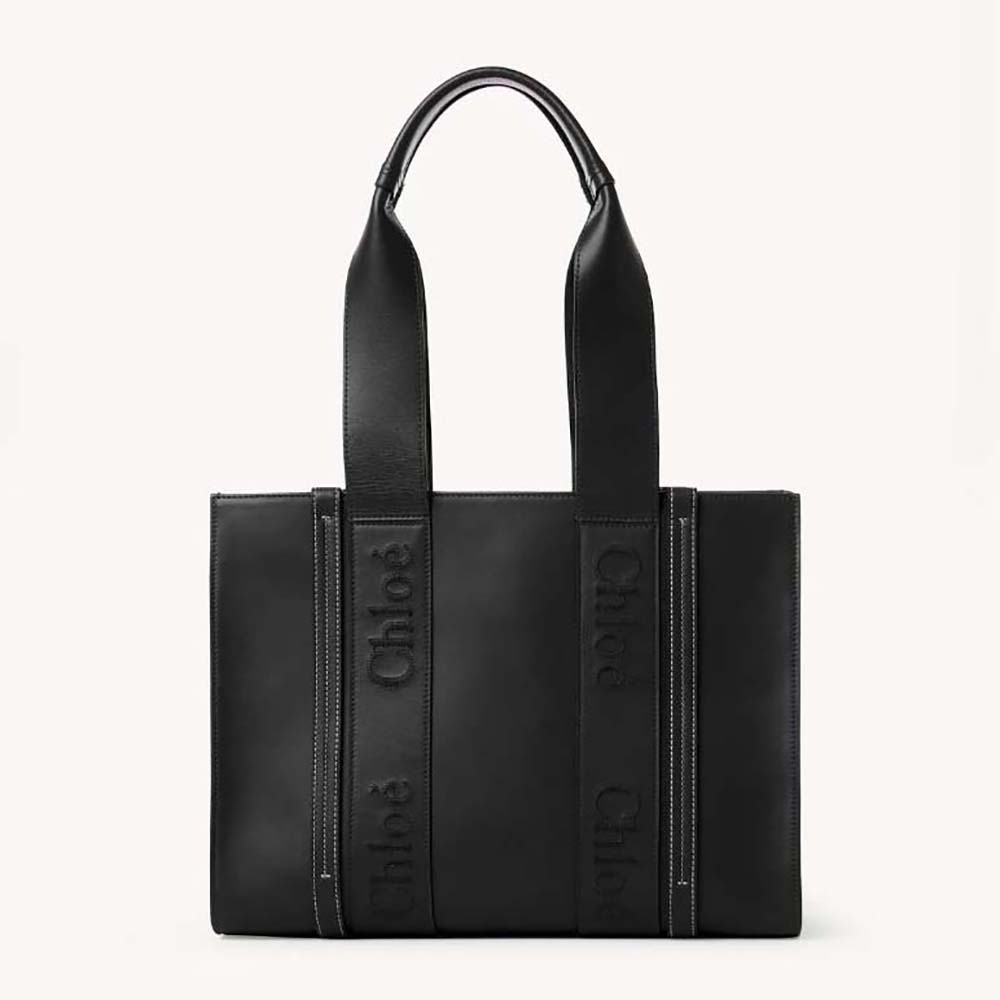 Front view of Chloe Women Medium Woody Tote Bag-Black with bamboo handles