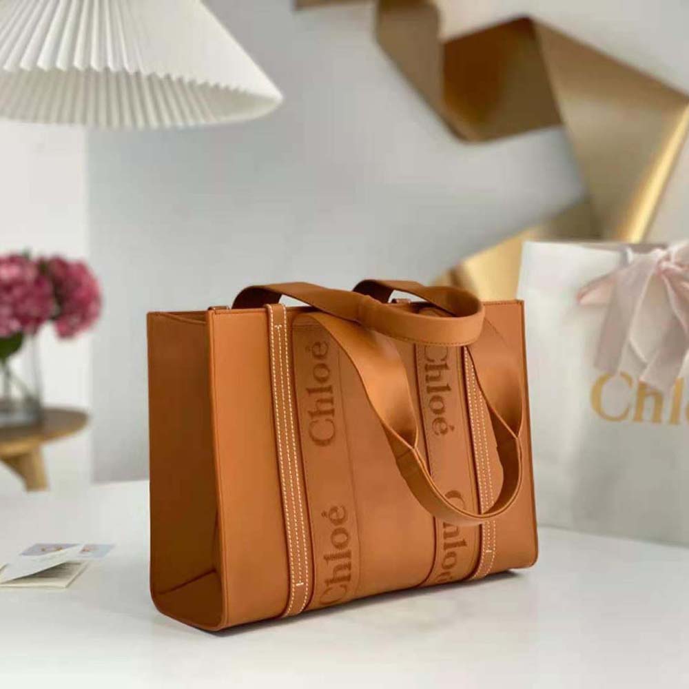 Side angle highlighting smooth brown calfskin leather on Chloe Women Medium Woody Tote Bag-Brown