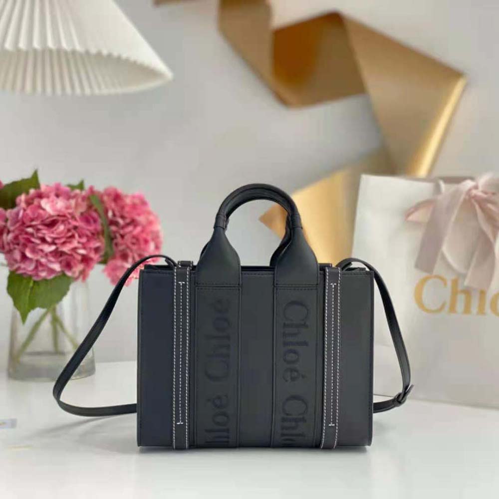Close-up of signature wooden handle on Chloe Women Mini Woody Tote Bag-Black