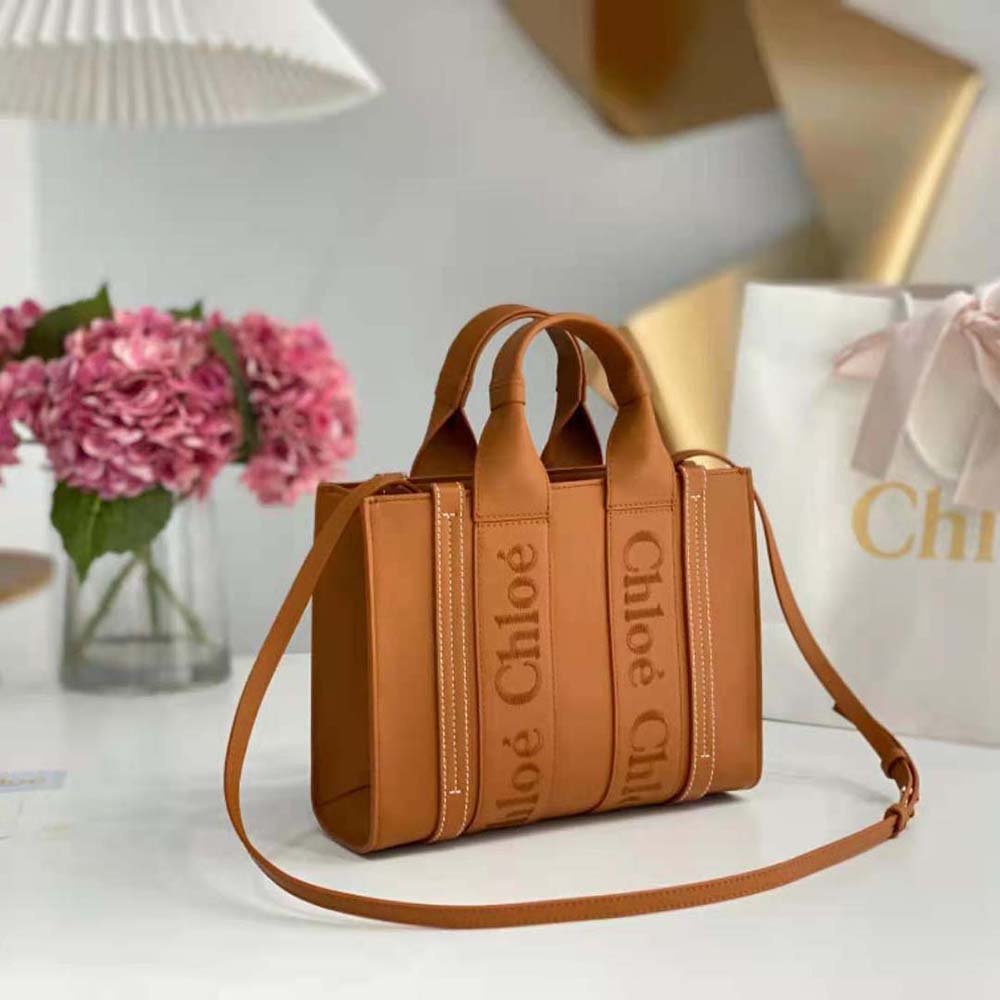 Side angle showing silhouette and rich brown leather of Chloe Mini Woody Tote Bag