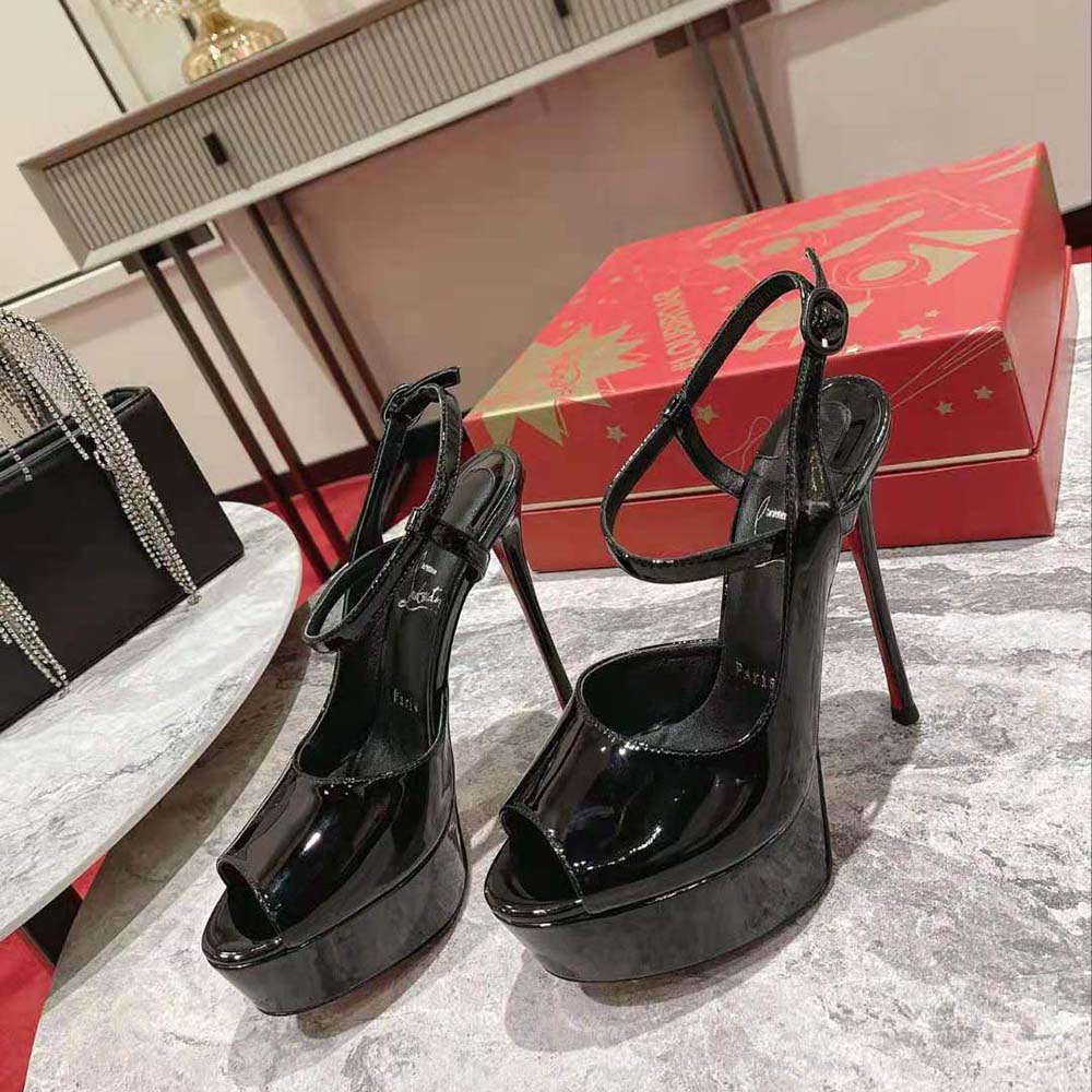 Close-up on the red sole and elegant heel of Christian Louboutin Women So Jenlove Alta
