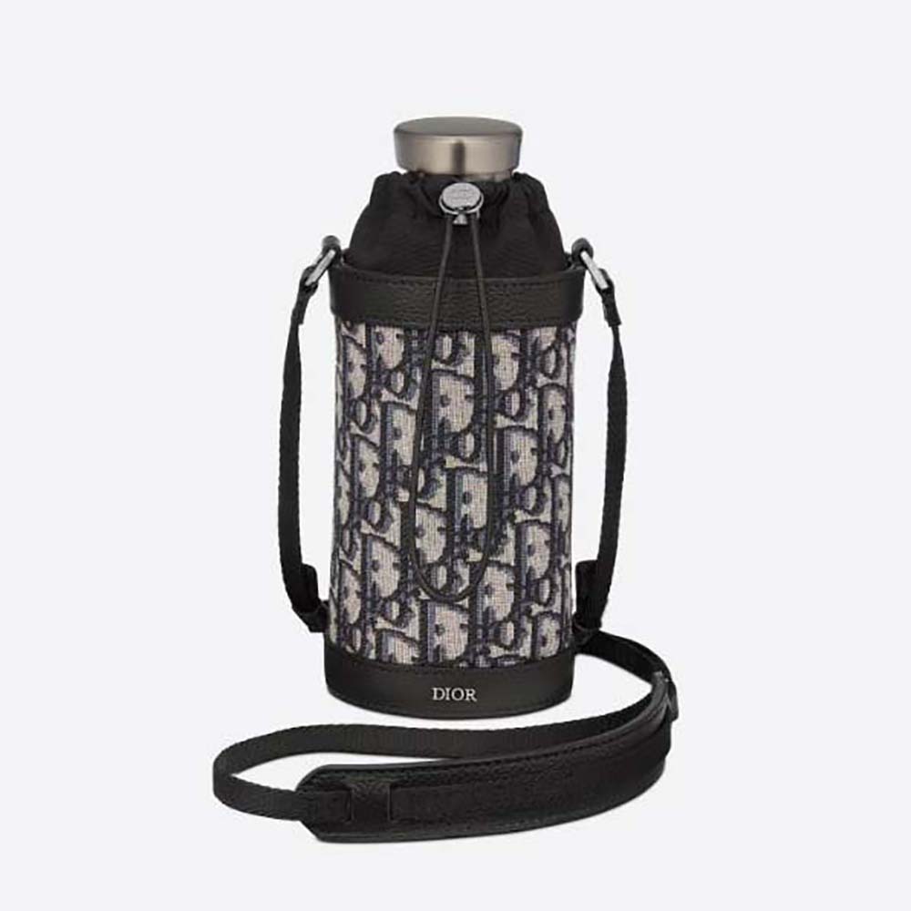 Front view of Dior Men Aqua Bottle and Bottle Holder in black leather