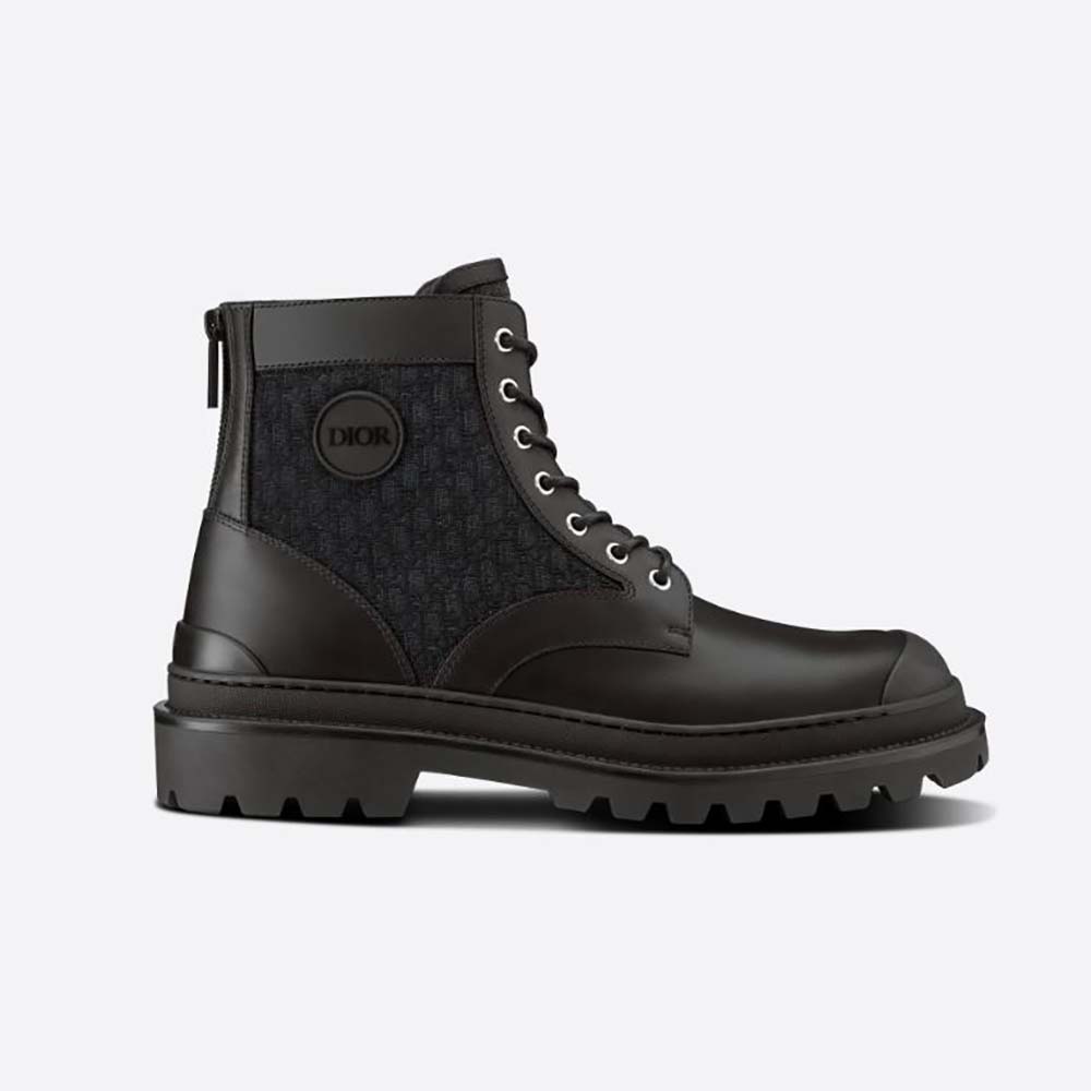 Side view of Dior Men Explorer Ankle Boot Black Smooth Calfskin and Dior Oblique Jacquard