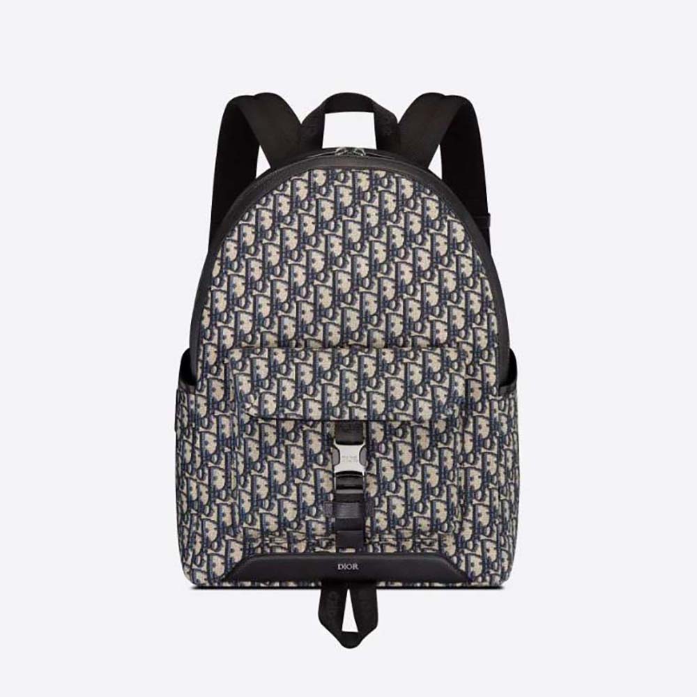 Front view of Dior Men Explorer Backpack Beige and Black Dior Oblique Jacquard