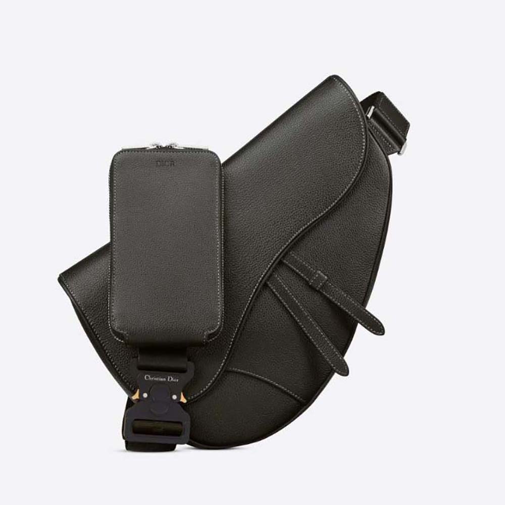 Front angle of Dior Men Maxi Saddle Bag Black Grained Calfskin showing signature flap